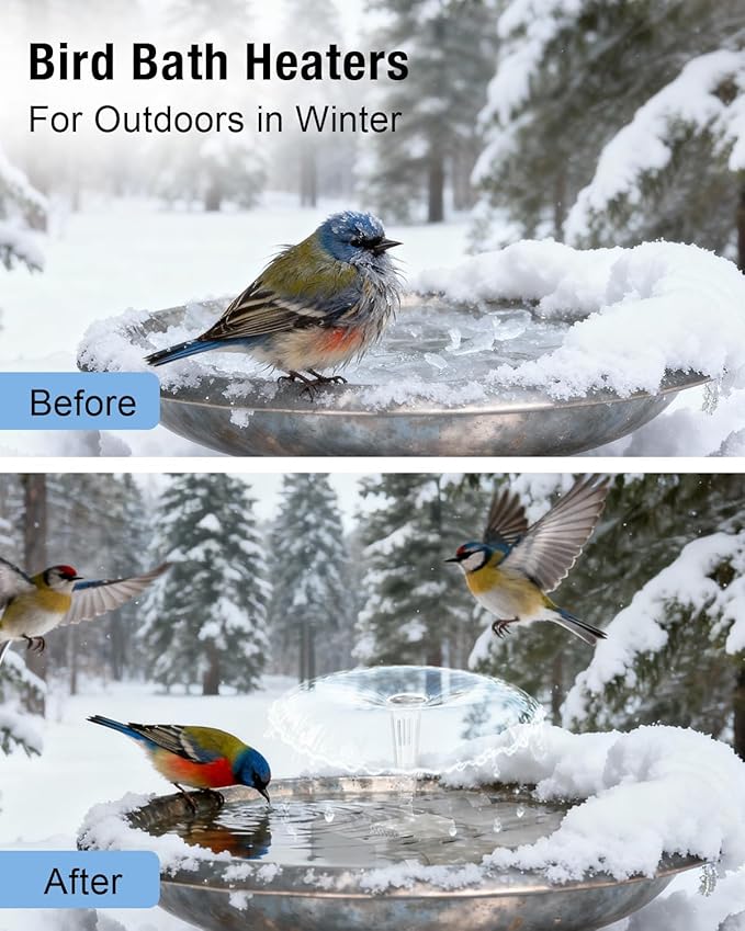 Bird Bath Heater with Fountain–500W Outdoor Cast Aluminum Submersible De-Icer, Birds Bath Water Heater for Winter with Thermostat, Chicken Waterer & Pond Heater with 9.8 Ft Cord