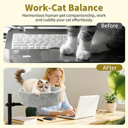 Cat Desk Bed,360° Rotating & Height Adjustable Desk Cat Bed,Space Saving Modern Indoor Cats Nest Furniture Cozy Faux Fur Pet Nest Perch Hammock for Various Desktops,15.7" L*15.7" W*16.9" H,Grey