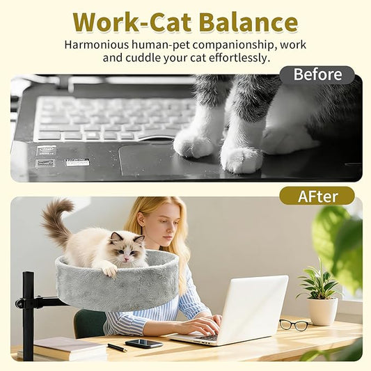 Cat Desk Bed,360° Rotating & Height Adjustable Desk Cat Bed,Space Saving Modern Indoor Cats Nest Furniture Cozy Faux Fur Pet Nest Perch Hammock for Various Desktops,15.7" L*15.7" W*16.9" H,Grey