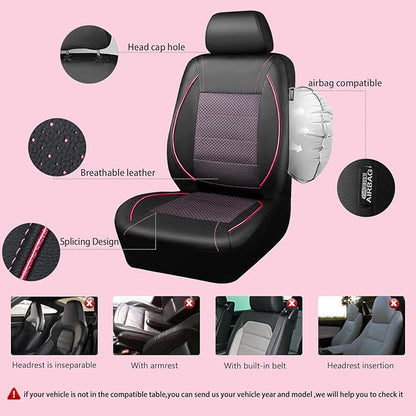CAR PASS Piping PU Leather Car Seat Cover Full Set,Inside Zipper Design and Reserved Opening Holes，Airbag Compatible,Universal FIT for Car, SUVs,Van,Trucks（Full Set, Black & Pink）