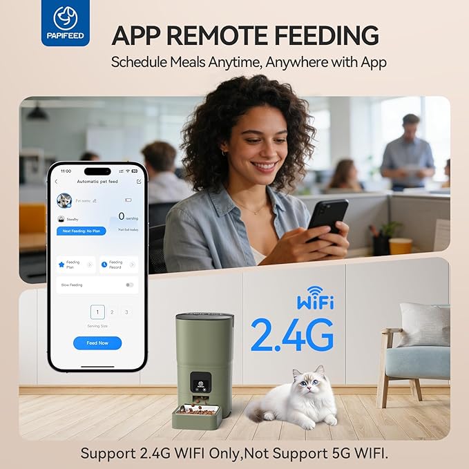 PAPIFEED Automatic Cat Feeder, 2.4G WiFi Cat Food Dispenser with App Control, 6L Timed Cat Feeders for Dry Food, Detachable for Easy Clean, Dual Power Supply, up to 10 Meals per Day, Army Green