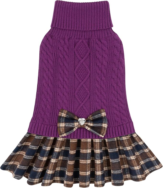 KYEESE Dog Sweater Soft Turtleneck Pet Sweater Dress Warm Pullover Pet Coats Stretchy Dogs Clothes with Bowtie Comfy Knitwear Dog Sweaters for Small Dogs Girl, Purple, X-Large