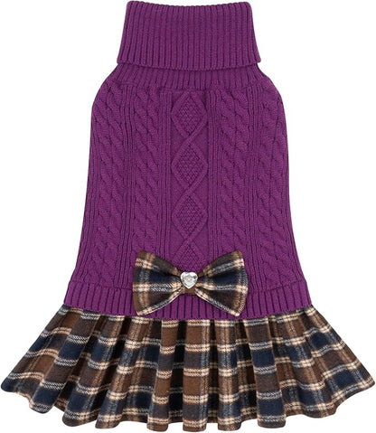 KYEESE Dog Sweater Soft Turtleneck Pet Sweater Dress Warm Pullover Pet Coats Stretchy Dogs Clothes with Bowtie Comfy Knitwear Dog Sweaters for Small Dogs Girl, Purple, X-Large
