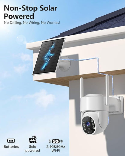 Gianteye 5G&2.4GHz Security Cameras Wireless Outdoor, 2K Cameras for Home Security, Solar & Battery Powered Security Camera Outdoor, Color Night Vision, PTZ Human Detection, 2 Packs