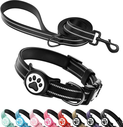 Airtag Dog Collar and Leash Set,Reflective Ultra-Durable Nylon Padded With QR Buckle & IP68 Waterproof Air Tag Holder Compatible for Apple AirTag, Comfortable for Small Medium Large Dogs (Black Set,M)