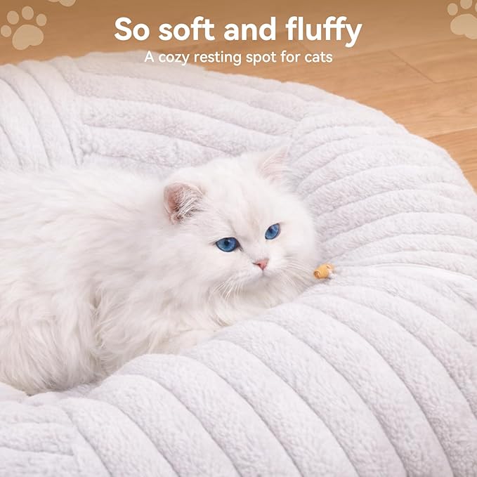 Dogpals Ultra-Soft Cat Tunnel Bed - Soft Washable Cushion, Peekaboo Hideaway Cave for Indoor Cats, Kittens, Puppies, and Rabbits - Deluxe Upgraded with Luxurious Striped Hare-Feel Fabric (White)