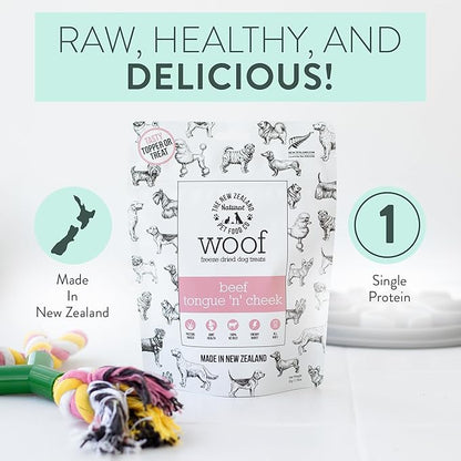 The New Zealand Natural Pet Food Co. WOOF Freeze Dried Dog Treats – Beef Tongue ’n’ Cheek, High Protein, Collagen Rich, Topper or Treat – 1.76 oz