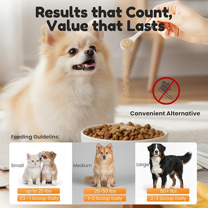 Dog Teeth Cleaning Powder - Plaque & Tartar Control, Breath Fresheners with Natural Seaweed, Probiotics, Vitamins, Turmeric & Enzymes for All Dogs & Cats (Chicken Flavor, 75 Scoops)