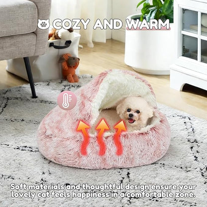 SUOXU Anti-Anxiety Cat Bed, Plush Hooded Cave, 20 in Diameter, Suitable for Small to Medium Pets, Pink