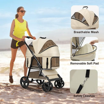 4 Wheels Pet Stroller for Small/Medium Dogs and Cats,Dog Stroller with Detachable Carrier and Storage Basket,One Click Folding, Compact Portable,Up to 50lbs,3 in1 Multifunctional(Grey)