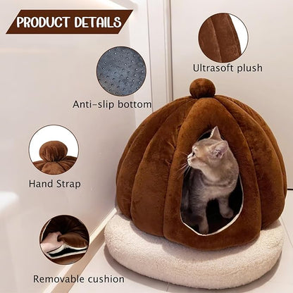 Cat Bed for Indoor Cats - Adorable Cozy Cat Cave with Removable Cushion, Super Soft Pet House Tent for Kittens & Small Pets, Warm & Washable Non-Slip Design(M 17.7 inch Brown)