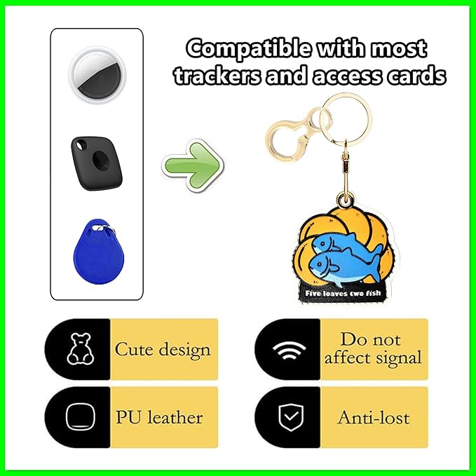Leather Airtag Keychain Case Holder,Cute Protective Apple Air Tag Cover with Key Ring,Anti-Scratch Hidden Finder GPS Tracker Case for Wallet Keys,Bag,Pets,Backpack(Five Loaves Two Fish)