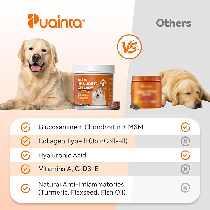 PUAINTA Hip & Joint Soft Chews for Dogs & Cats – Glucosamine, Chondroitin, Collagen & MSM for Joint Support, Mobility & Flexibility, Senior & Small/Medium Breeds, Chicken Flavor (90 Count)