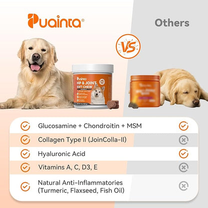 PUAINTA Hip & Joint Soft Chews for Dogs & Cats – Glucosamine, Chondroitin, Collagen & MSM for Joint Support, Mobility & Flexibility, Senior & Small/Medium Breeds, Chicken Flavor (90 Count)