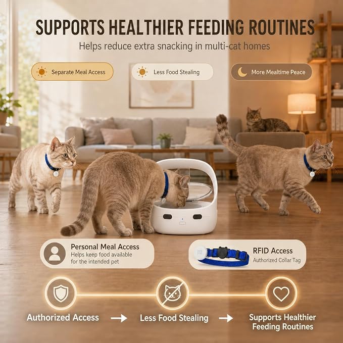 Smart Pet Feeder RFID Bluetooth, Wet & Dry Food Compatible, 400ML Capacity | RFID Cat Feeder, Multi-Cat Feeding, Wet & Dry Food Bowl, Dual Ice Packs, Portion Control, Removable Bowl