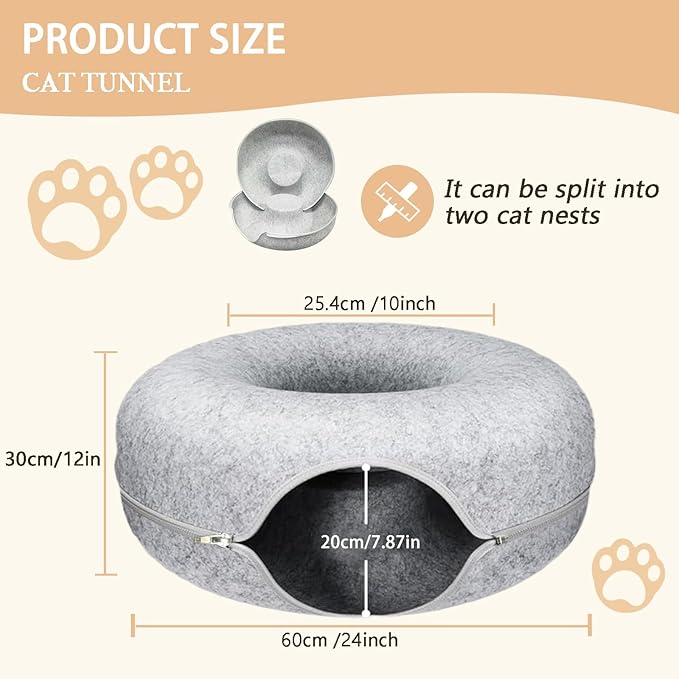Tunnel Bed for Indoor,cattasaurus Peekaboo cat cave for Multiple,Detachable Felt Felt Washable Interior for Indoor Cats,Donut Tunnel -24inch (Light Gray + Dark Gray)
