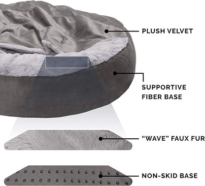 Furhaven 24" Round Calming Donut Dog Bed for Indoor Cats & Small Dogs, Washable, For Dogs Up to 20 lbs - Plush Velvet Waves Hooded Donut Bed - Dark Gray, Small