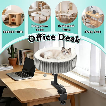 TNELTUEB Cat Desk Bed - 360° Rotating,Clamp On Cat Bed for Desks, Adjustable High Support Up to80 lbs for Office, Game Table, Island Tables, Desktop Attachment Hammock Grey