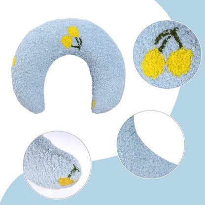Lystaii Cat Calming Pillow for Indoor Pet Small Dog Calming Pillow Soft Fluffy Cat Bed Dog Neck Toy Half Donut Anxiety Relief Toy with Cute Embroidery Pattern (Light Blue, Cherry)