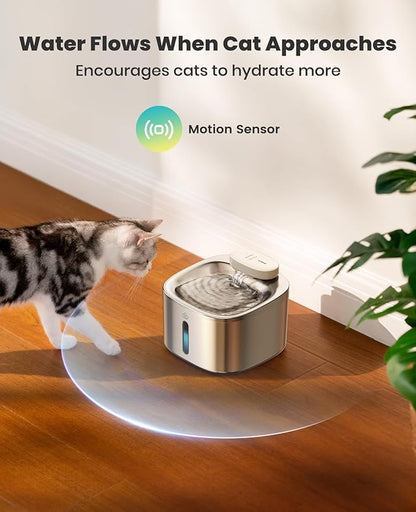 oneisall Wireless Cat Water Fountain, 3.5L/118oz Battery Operated Pet Drinking Fountain Stainless Steel, Running Water Dispenser Fountains for Cats, Cordless&Rechargeable with Motion Sensor(Hale 3.5L)