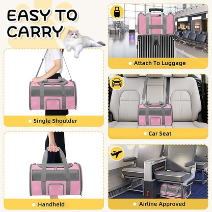 Soft - Sided Pet Carrier for Cats and Small Dogs, Airline - Approved, Pink Travel Tote with Mesh Windows, Foldable Bowl, Shoulder Strap, Oeko - TEX Certified