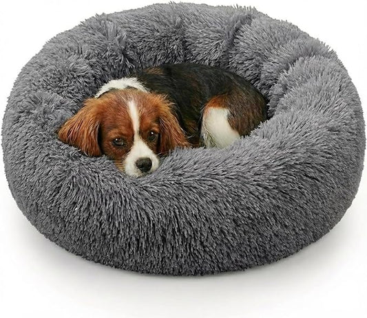 Active Pets Premium Small Donut Dog Bed, Fits Up to 45 lbs, Removable Cover & Washable Cushion, Plush Long Pile Faux Fur Fabric, Portable Dark Grey Pet Bed Furniture for Puppies Adult Canines & Cats