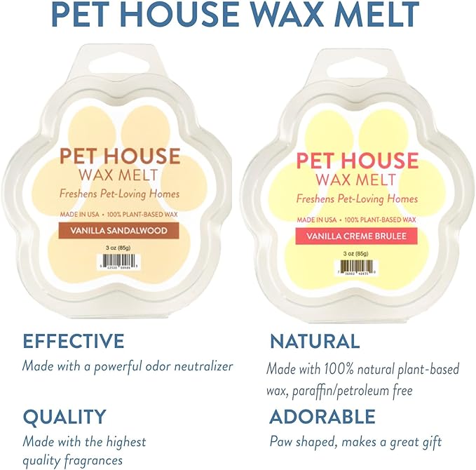 Pet House Scented Wax Melts Long-Lasting, Pet-Friendly Plant Based, Wax Melts for Home, Vanilla Sandalwood and Vanilla Creme Brulee 3 OZ Each, 2 Pack