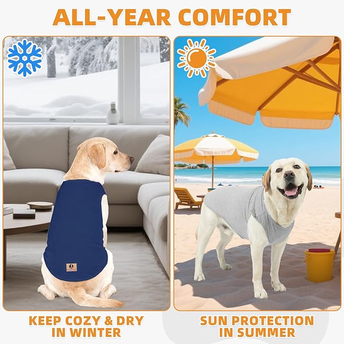 KOOLTAIL Boy Dog Clothes for Large Dogs, 2 Pack Cotton Fall/Winter Warm Dog T Shirts Coats for Outdoor, UV & Insect Protection Anti-Hair Loss & Lightweight Pet Vest Tank Tops Apparel,Blue&Grey,XL