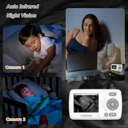HelloBaby Monitor with 2 Cameras, 2.4'' Portable Travel Screen Baby Monitor No WiFi, 1000ft Long Range Video Baby Monitor, Night Vision, VOX Mode-Power Saving, Baby Safety Camera,for Baby/Pet/Elder