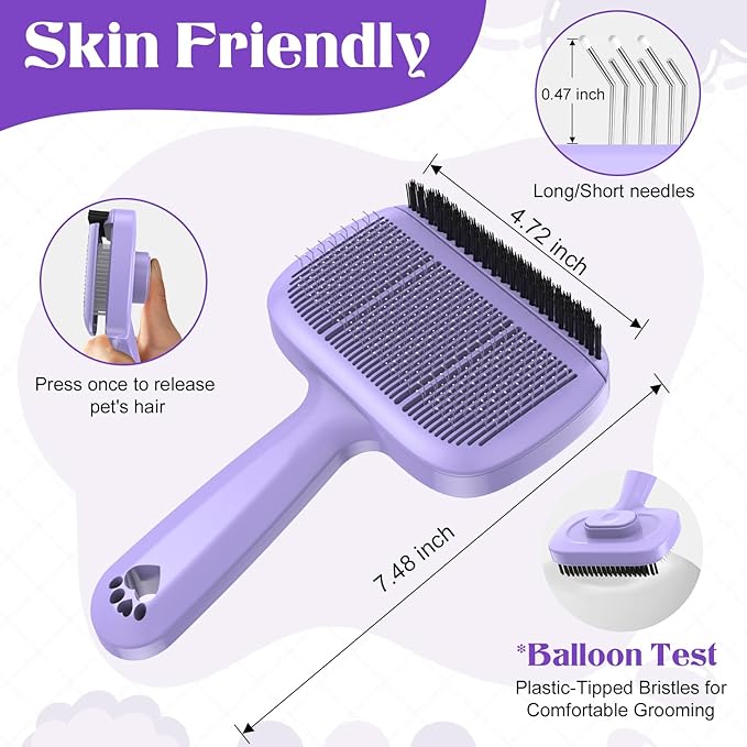 Self Cleaning Dog Brush for Shedding - Bristle Brush and Long/Short Needles Design, Skin Friendly, Slicker Deshedding Dog Brush, Hair Removal for Long & Short Haired Pets