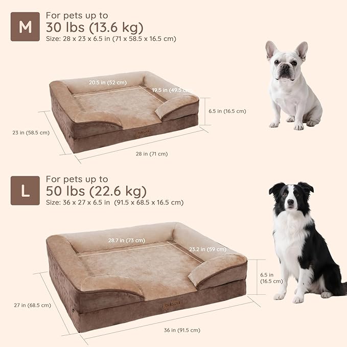BELLA & PAL Orthopedic Dog Sofa Bed for Medium/Large Dogs – No Assembly Needed, Chew-Proof Egg-Crate Foam Dog Couch with Waterproof Liner, Washable Removable Cover (Brown, 36" L x 27" W x 6.5" Th)
