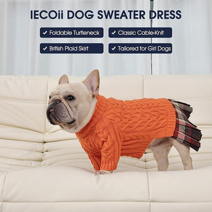IECOii Girl Dog Sweater Dress - Cable Knit Dog Sweater for Medium Dogs Girl, Orange, Large - Turtleneck Winter Sweaters with Leash Hole, Soft & Stretchy Adorable Dress for Thanksgiving Christmas Photo