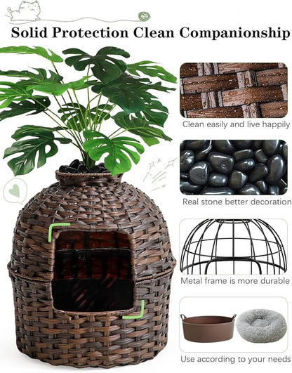 SETVSON Cat Litter Box Plant Furniture Enclosure, Hidden Handwoven Rattan with Cat Litter Box and Artificial Plants, Odor Control Filter, Real Stones in Living Room, Bedroom, Corner (Brown)
