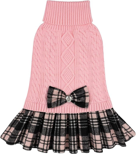 KYEESE Dog Sweater Soft Turtleneck Pet Sweater Dress Warm Pullover Pet Coats Thick Dogs Clothes with Bowtie Comfy Knitwear Dog Sweaters for Small Dogs Girl Stretchy Cat Sweaters, Pink, Medium