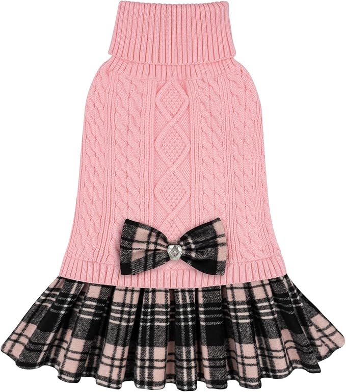 KYEESE Dog Sweater Soft Turtleneck Pet Sweater Dress Stretchy Cat Sweaters Thick Dogs Clothes with Bowtie Warm Pullover Pet Coats Comfy Knitwear Dog Sweaters for Small Dogs Girl, Pink, Large