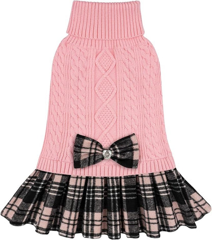 KYEESE Dog Sweater Soft Turtleneck Pet Sweater Dress Stretchy Cat Sweaters Thick Dogs Clothes with Bowtie Warm Pullover Pet Coats Comfy Knitwear Dog Sweaters for Small Dogs Girl, Pink, Large