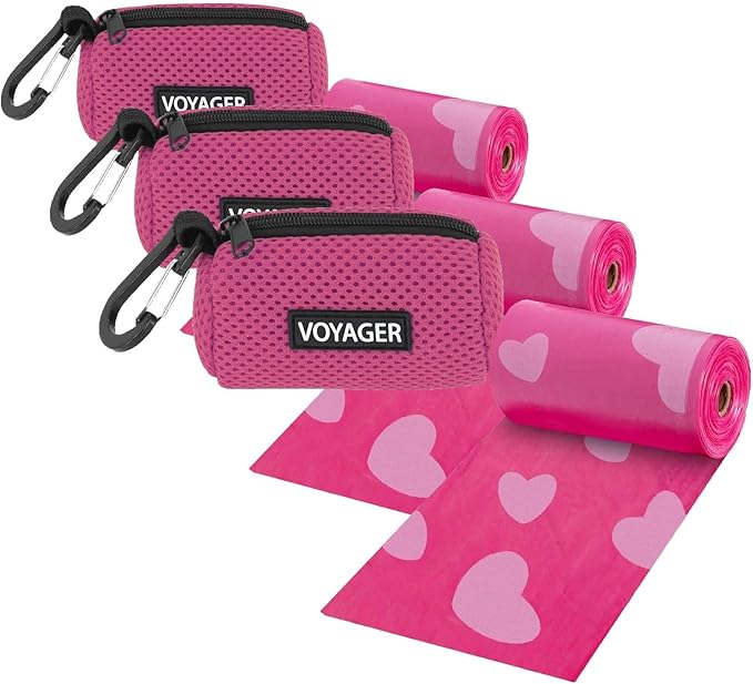 Best Pet Supplies Dog Poop Bag Holder Leash Attachment with 15 Bags, Fuchsia, Reusable Mesh Dispenser Pouch for Travel, Walking, Park, and Outdoor Use, Soft and Durable with Clip-On (Pack of 3)