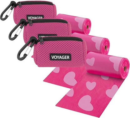 Best Pet Supplies Dog Poop Bag Holder Leash Attachment with 15 Bags, Fuchsia, Reusable Mesh Dispenser Pouch for Travel, Walking, Park, and Outdoor Use, Soft and Durable with Clip-On (Pack of 3)