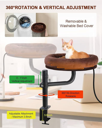 Heated Cat Bed for Desk Indoor, Heated Pet Bed Hammock for Home Office Workspace with Adjustable Mount & 360° Rotation Arm, Small Cute Raised Round Cat Pet Bed Heater Cat Window