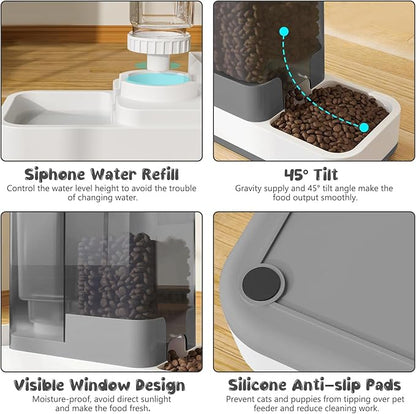 GearRoot Automatic Cat Feeder and Water Dispenser, 2 in 1 Gravity Pet Food Feeder and Water Dispenser Detachable Cat Food Dispenser for Small Dogs and Cats, Gray