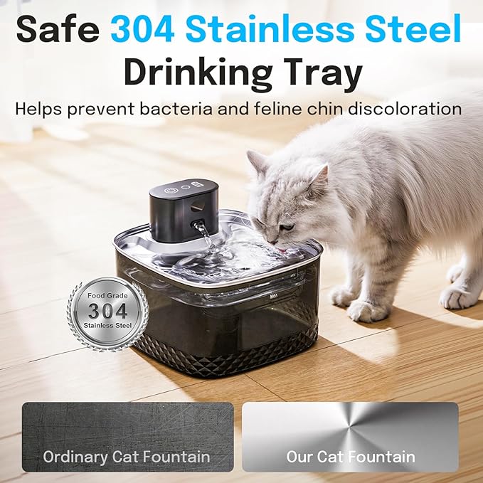 Wireless Cat Water Fountain, 2L Rechargeable Pet Fountain with Stainless Steel Tray, Ultra Quiet Pump, Motion Sensor & Anti-Dry Burn, Auto Water Dispenser for Cats Dogs, Black (1 Filter)