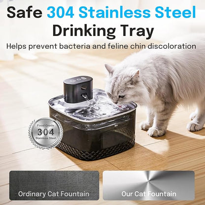 Wireless Cat Water Fountain, 2L Rechargeable Pet Fountain with Stainless Steel Tray, Ultra Quiet Pump, Motion Sensor & Anti-Dry Burn, Auto Water Dispenser for Cats Dogs, Black (1 Filter)