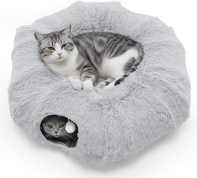DUMOS Cat Tunnel Bed for Indoor Cats Cave Donut Play Tunnel with Soft Plush Peekaboo, Circle Cushion, Washable Multifunctional Playground Under Tree Pet Toys for Kittens, Puppy Rabbit, Ferret, Grey