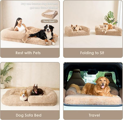 EHEYCIGA Foldable XXL Dog Bed for Large Sized Dog, 54"x38"x7.5" Faux Fur Fluffy Pet Couch Bed, Orthopedic Calming Memory Foam Big Pet Bed, Washable Pet Sofa Bed with Non-Slip Bottom, Camel