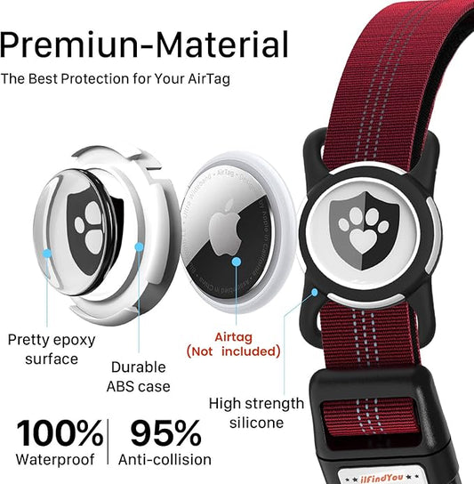 Reflective Dog Collar with AirTag Holder for Large Dogs Soft Nylon Burgundy Sized L