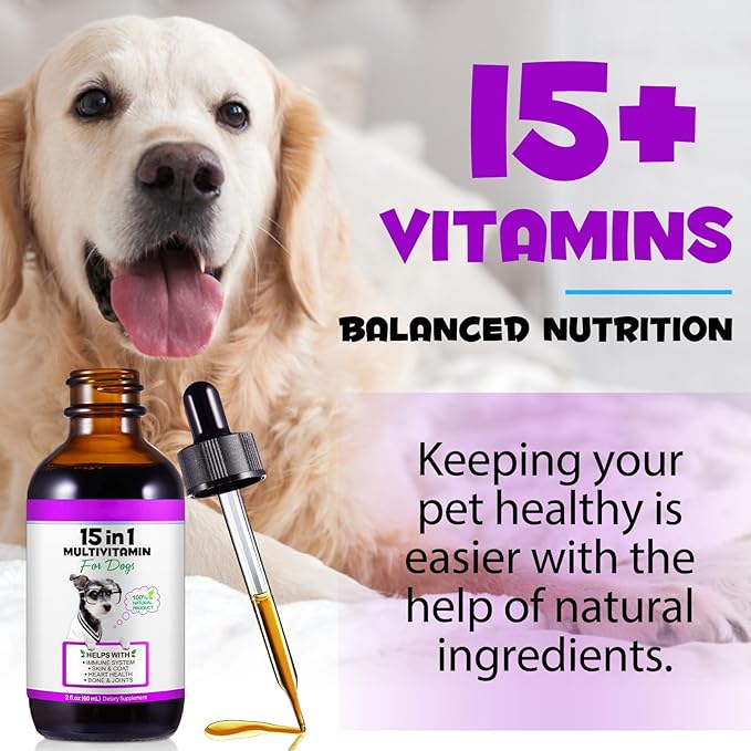 Dog Multivitamin Liquid - 15 in 1 Dog Vitamins Multivitamin, Support Skin & Coat, Heart, Bones and Joint Health, Pet Vitamins and Supplements (2 Fl Oz (Pack of 2))