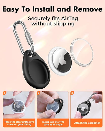 UNBREAKcable for AirTag Holder Case with Professional Carabiner, 4 Pack | Waterproof, Shockproof, Hold Securely, Easy to Install, Protective AirTag Keychain for Keys, Pets, Luggage-Black&Orange