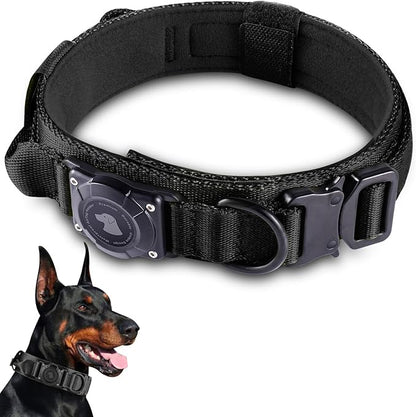 2026 Upgrade Waterproof AirTag Dog Collar, Military Tactical Dog Collar with AirTag Holder, Comfortable Control Handle and Metal Buckle, GPS Dog Collar Holder for Medium to Large Dogs (Black, M)