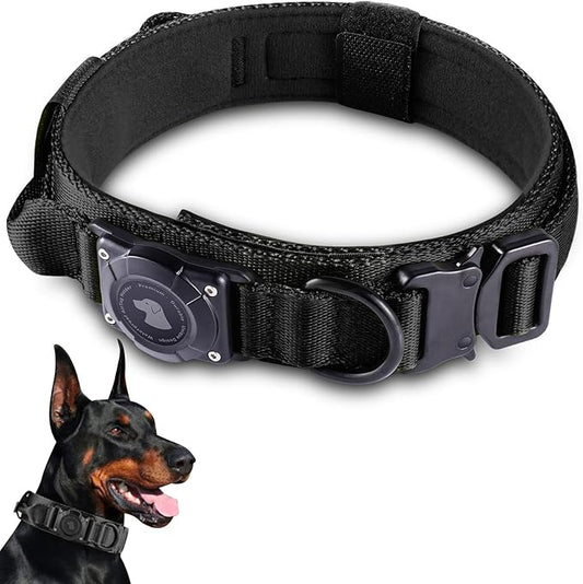 2026 Upgrade Waterproof AirTag Dog Collar, Military Tactical Dog Collar with AirTag Holder, Comfortable Control Handle and Metal Buckle, GPS Dog Collar Holder for Medium to Large Dogs (Black, L)