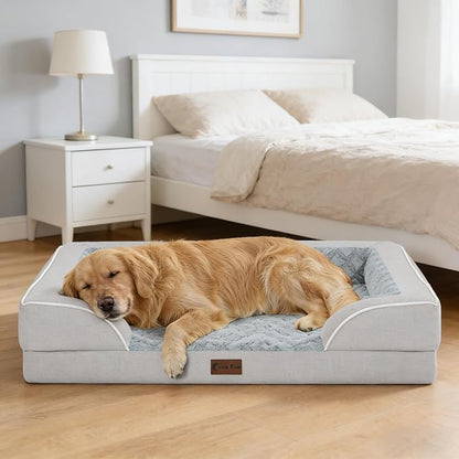 Orthopedic Dog Beds for Large Sized Dogs, Waterproof Memory Foam Large Pet Bed with Sides 36x27Inch, Non-Slip and Egg-Crate Foam Big Dog Couch Bed with Removable Washable Cover, Light Grey